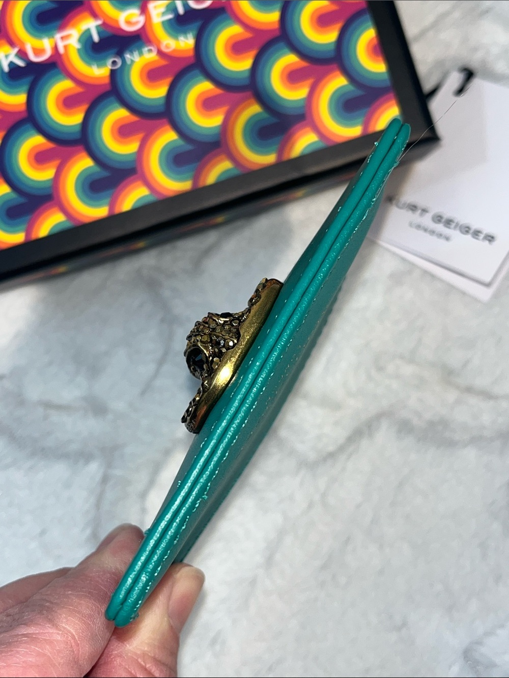 Kurt Geiger NWT! Chelsea Teal Green Leather Card Holder - Picture 7 of 10